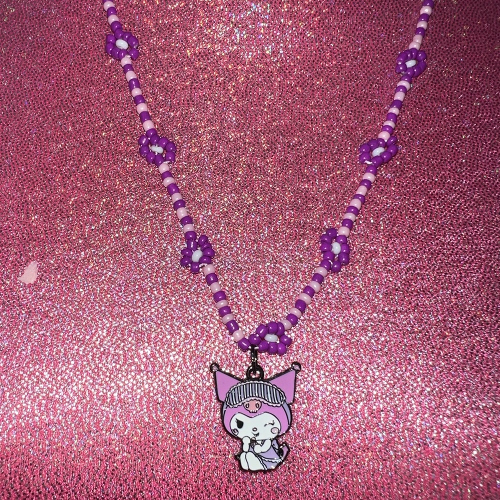 purple sleepy kuromi sanrio adjustable flower beaded necklace